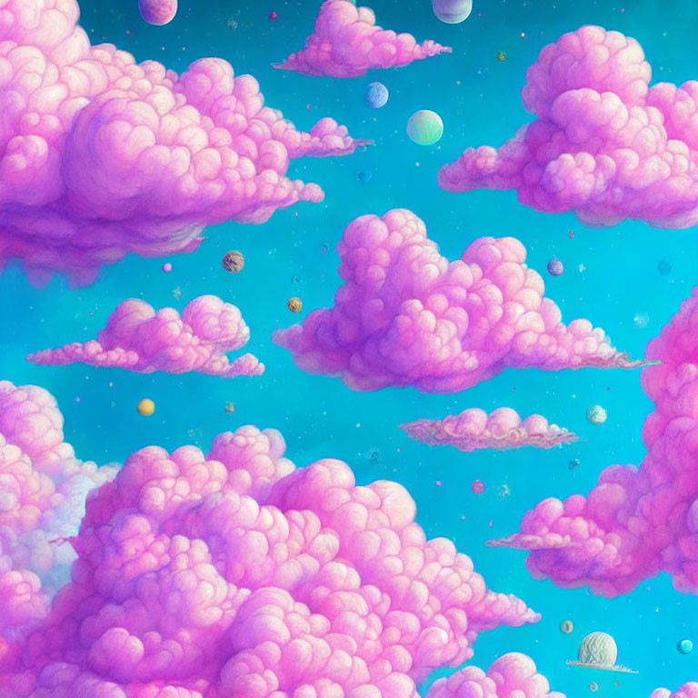 Colorful artwork: pink clouds, blue sky, multicolored spheres.