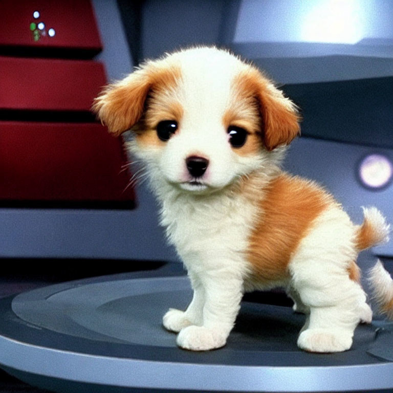 Fluffy Tricolor Puppy on Platform with Futuristic Background