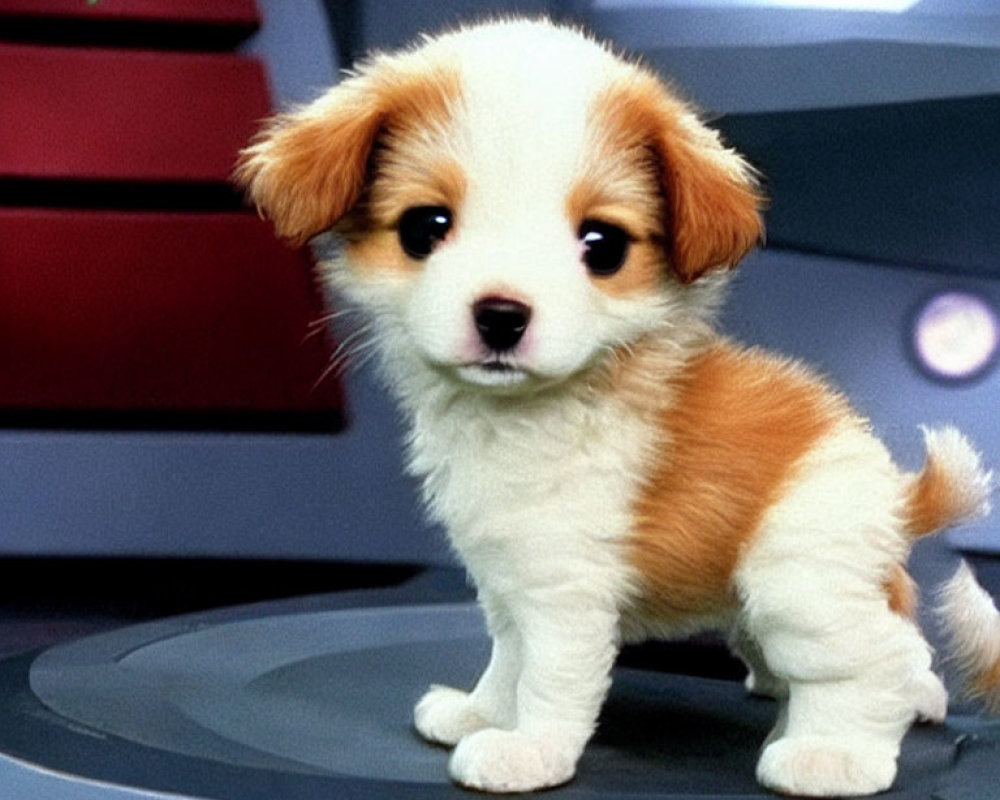 Fluffy Tricolor Puppy on Platform with Futuristic Background