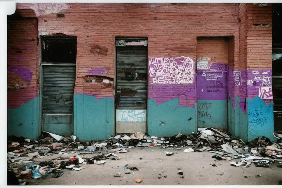 Abandoned building with graffiti walls and trash outside