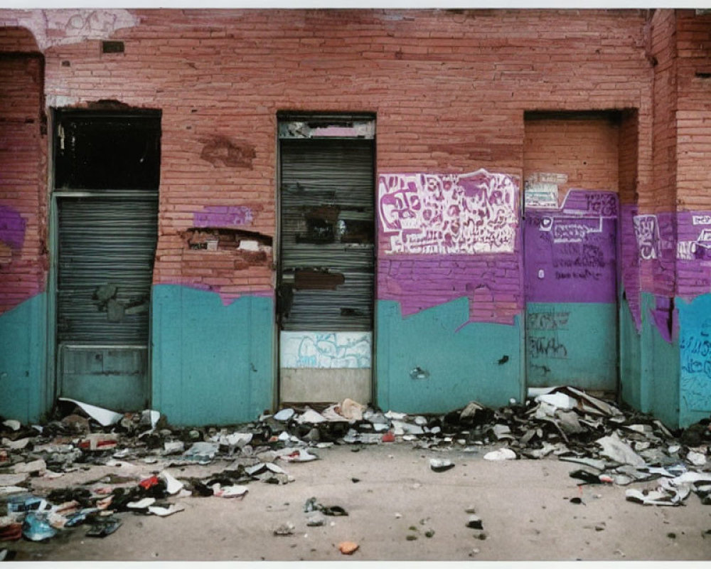 Abandoned building with graffiti walls and trash outside