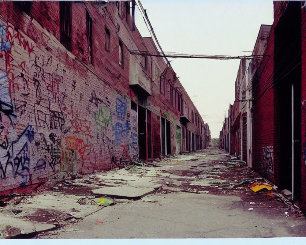 Colorful graffiti on worn urban buildings in gritty alley