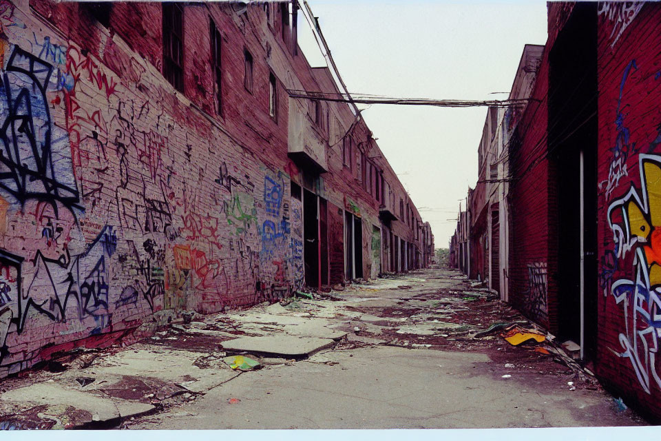 Colorful graffiti on worn urban buildings in gritty alley