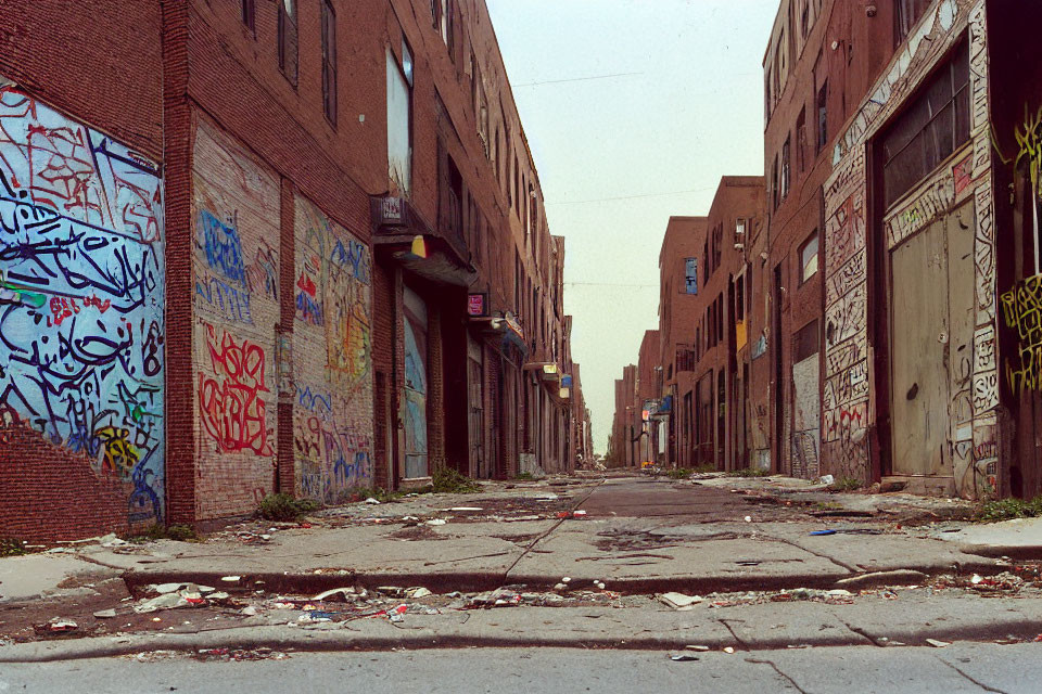 Urban alley with graffiti, debris, and derelict buildings