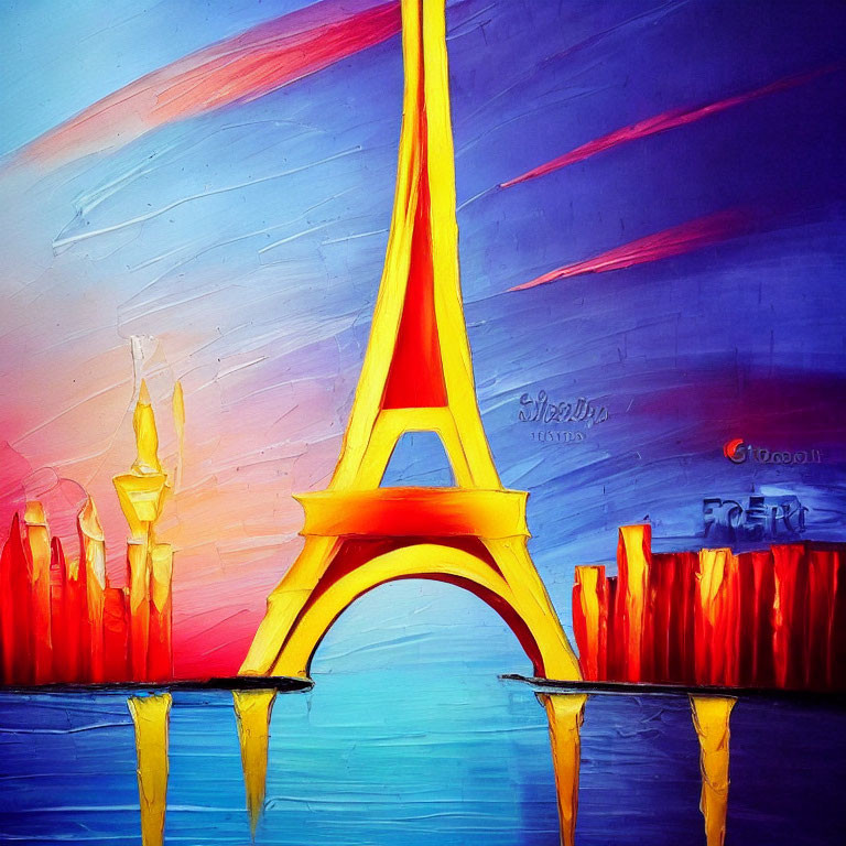 Colorful Eiffel Tower painting with blue and red sky over water.