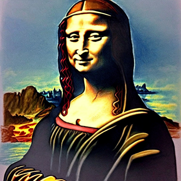 Colorful Mona Lisa Illustration with Brush Strokes on Landscape Background