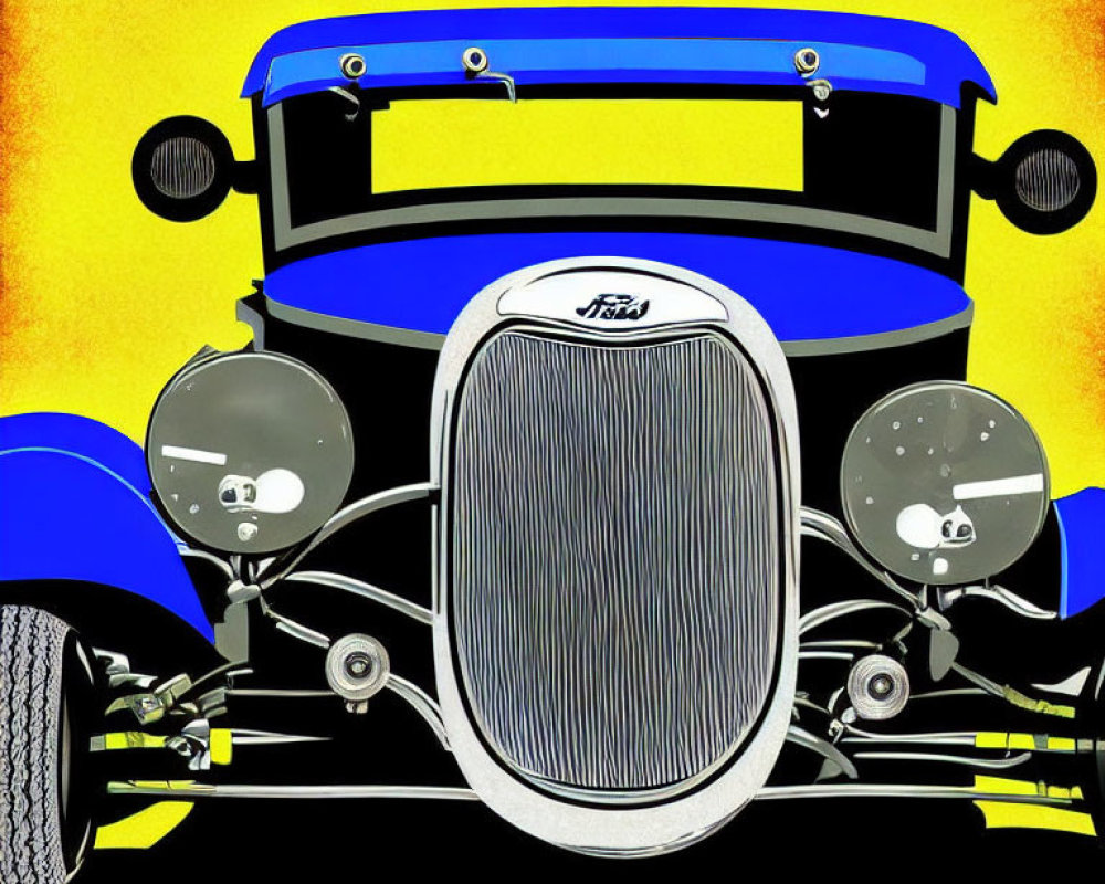 Stylized illustration of classic blue Ford car with oversized headlights