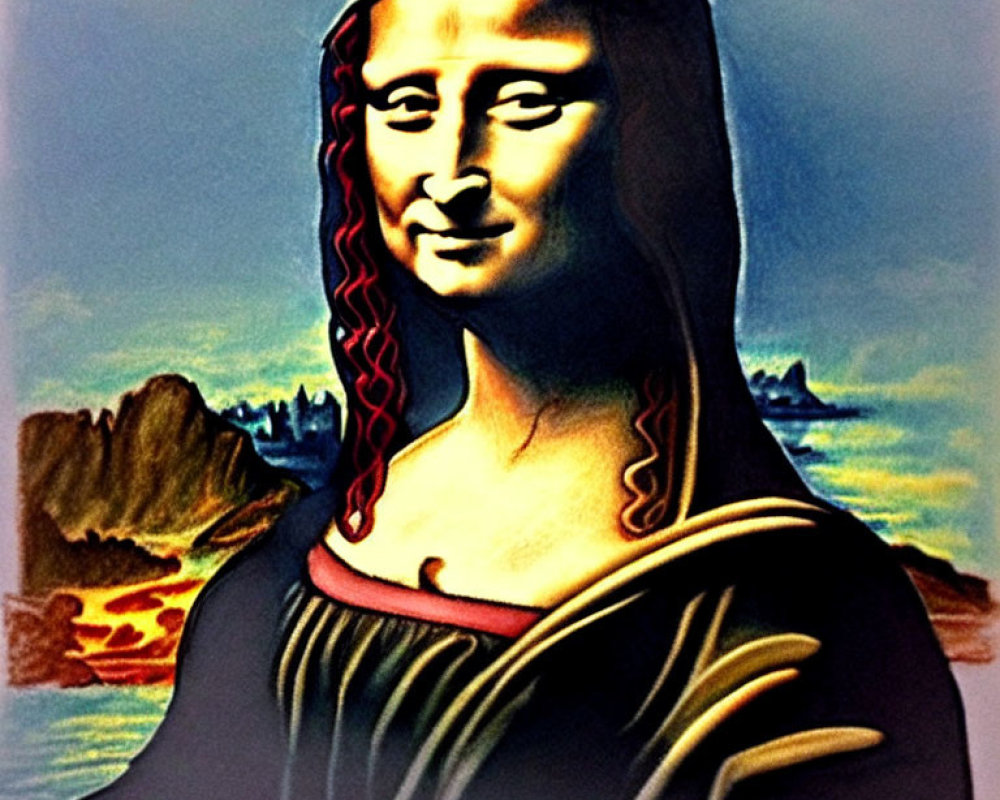 Colorful Mona Lisa Illustration with Brush Strokes on Landscape Background