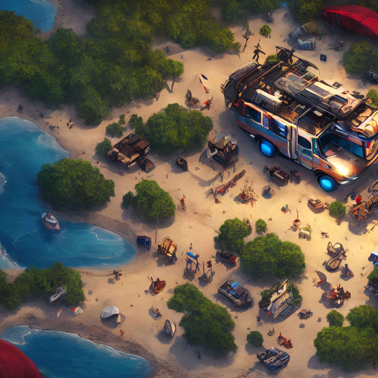 Busy Beach Campsite with Tents, Vehicles, and People by Clear Blue Water