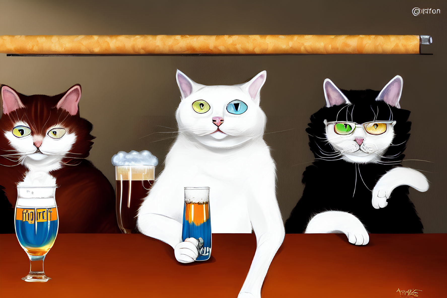 Three cartoon cats with human-like eyes sitting at a bar with beer glasses