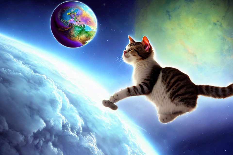 Floating cat reaches for Earth-like planet in space