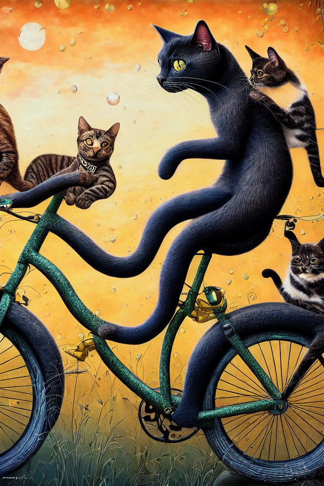 Whimsical illustration of cats on vintage teal bicycle