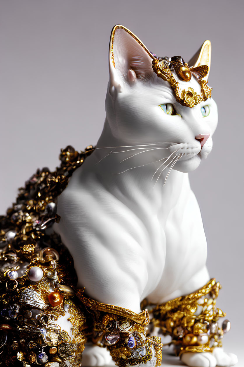 White cat with gold jewelry and crown on gray background