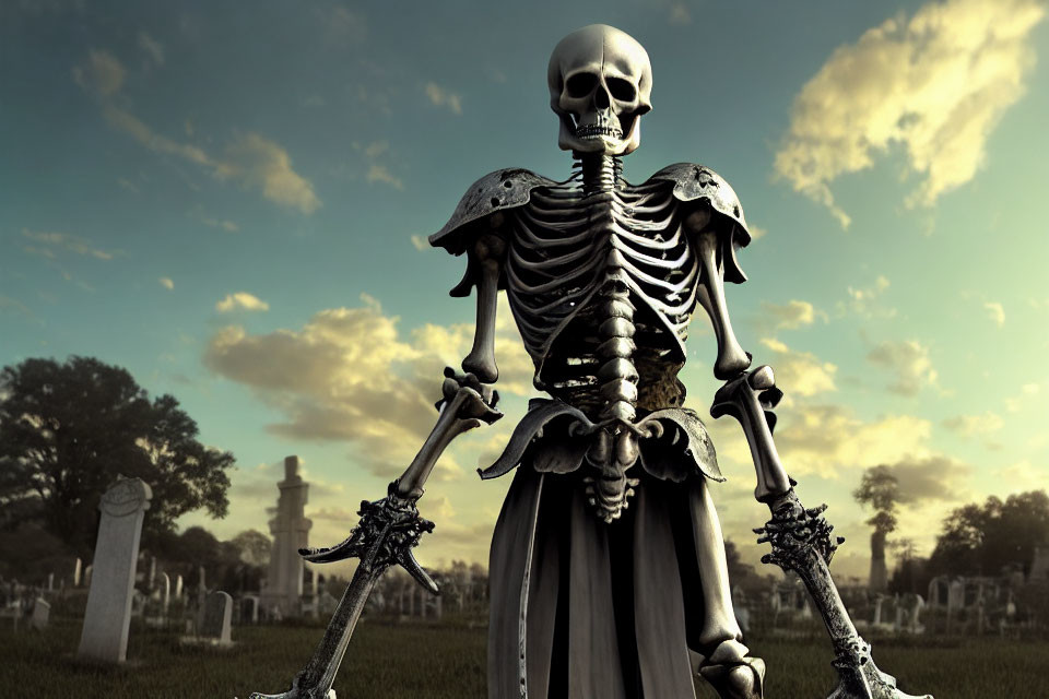 Armored skeleton with sword in cemetery under cloudy sky