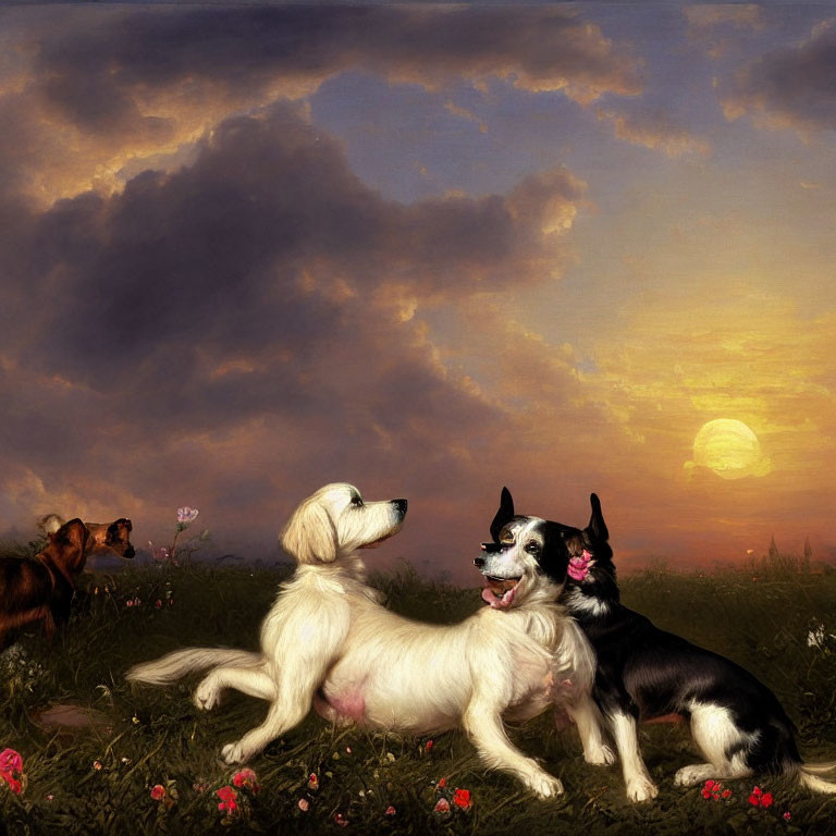 Three dogs in field at sunset with flowers, one watching under dramatic sky