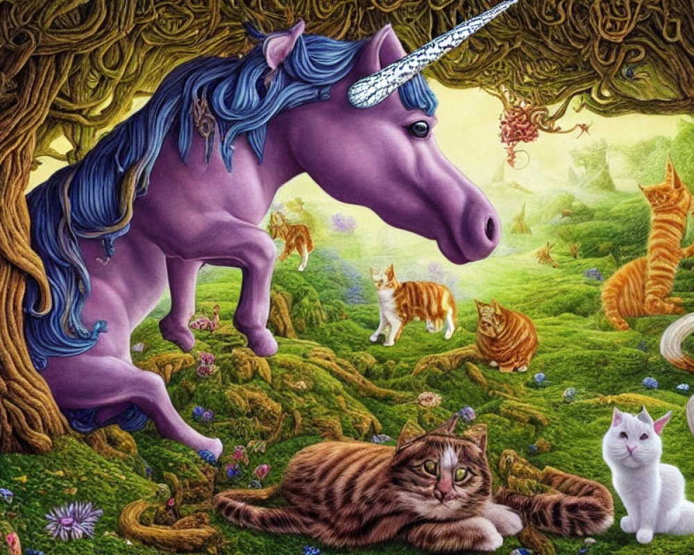 Majestic unicorn in vibrant fantasy landscape with playful cats