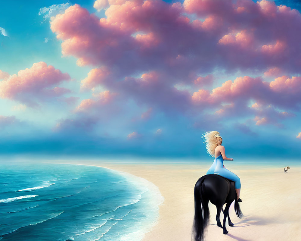 Blonde woman riding black horse on beach under pink sky