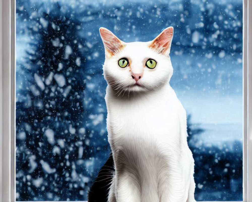 Black and White Cat with Green Eyes on Snowy Windowsill