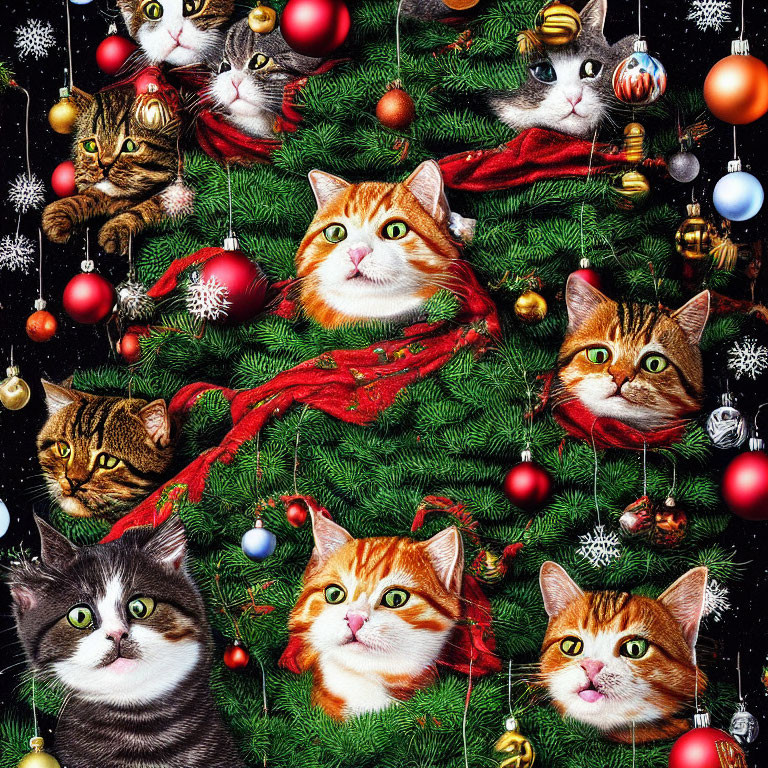 Festive cat-themed Christmas pattern on dark background