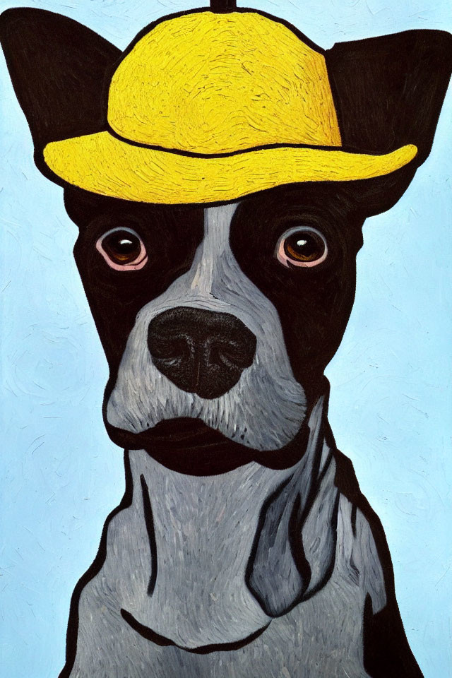 Stylized painting of a solemn dog in a yellow hat on blue background