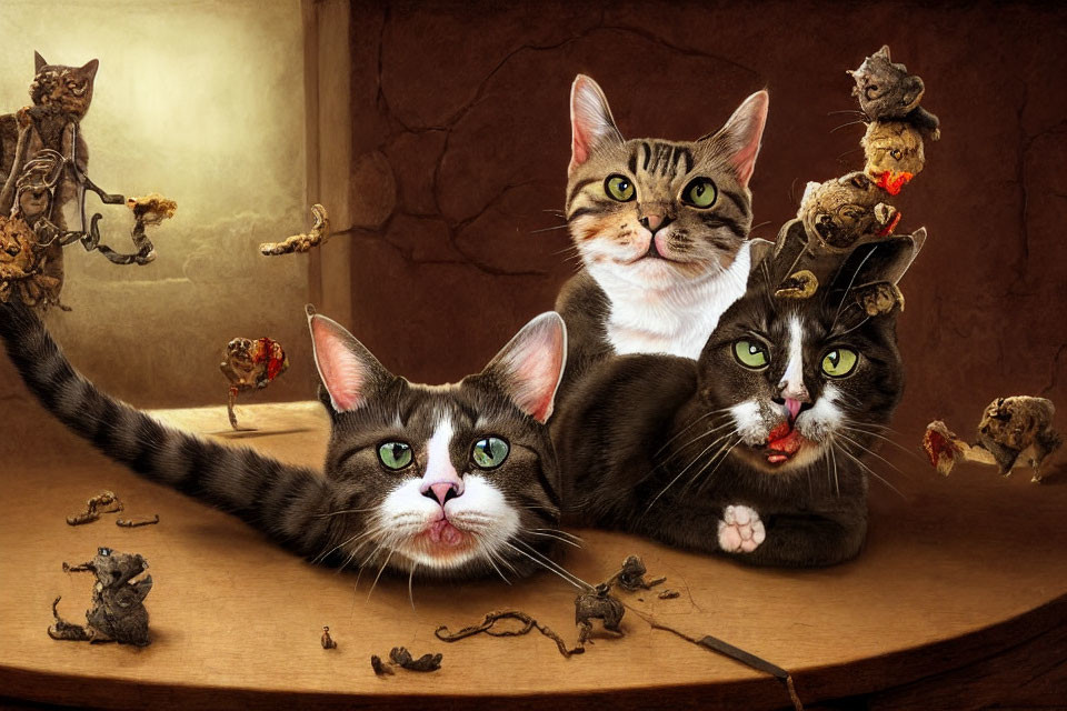 Whimsical cats and miniature mice in warm, artistic setting