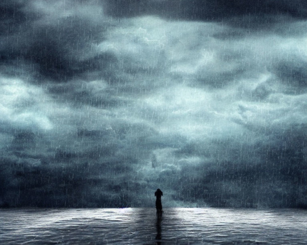 Solitary Figure in Rain and Stormy Sky Scenery