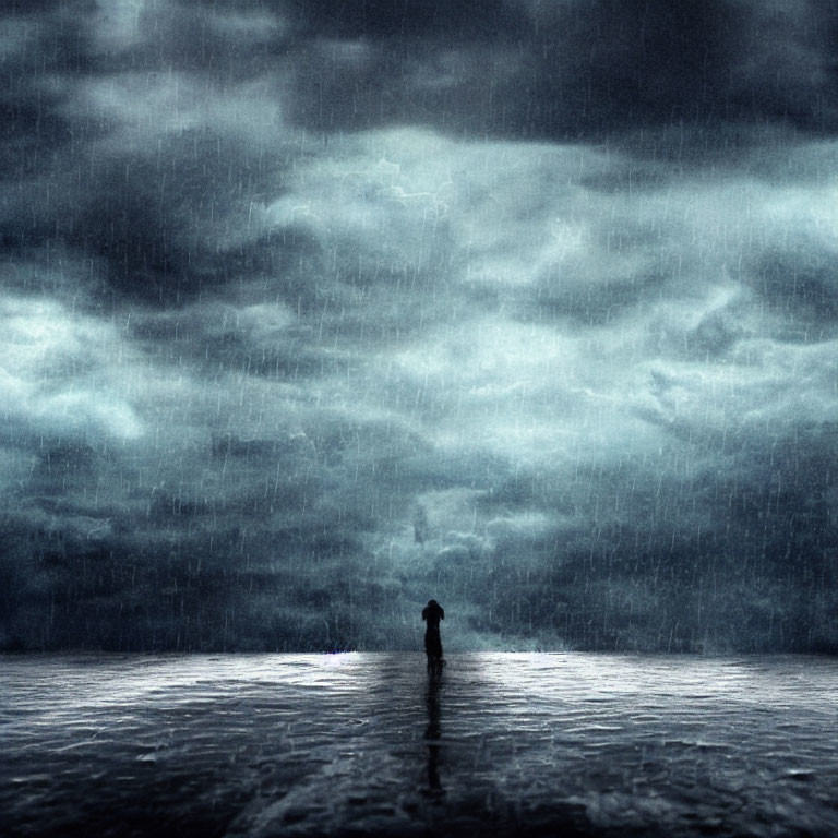 Solitary Figure in Rain and Stormy Sky Scenery