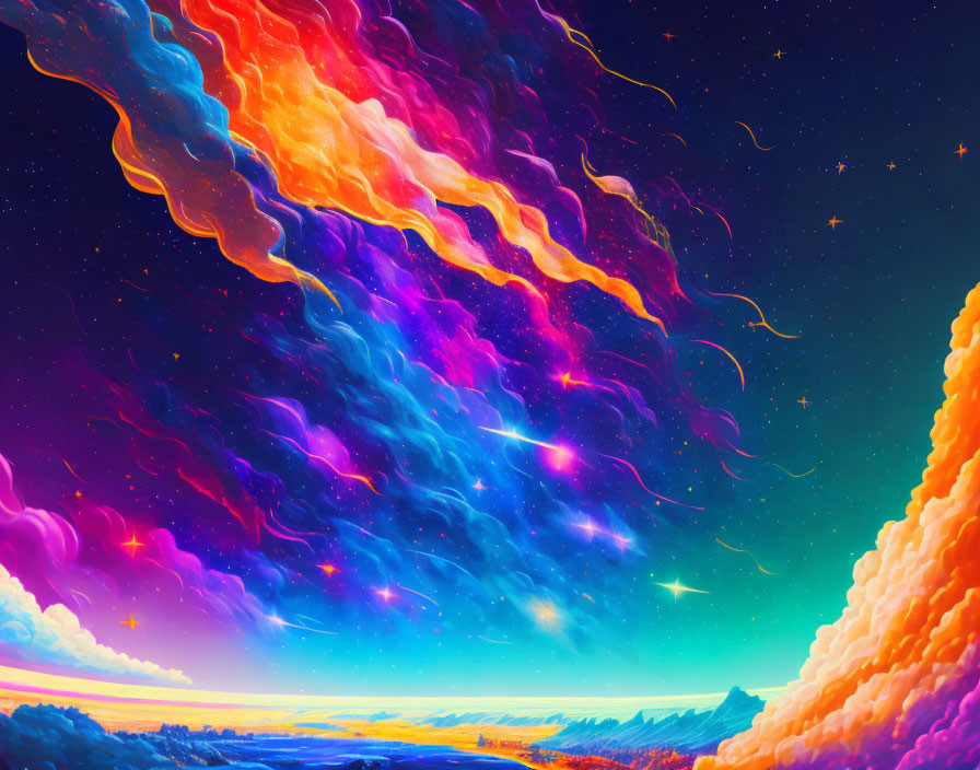 Surreal digital artwork: vibrant sky, fiery clouds, serene landscape