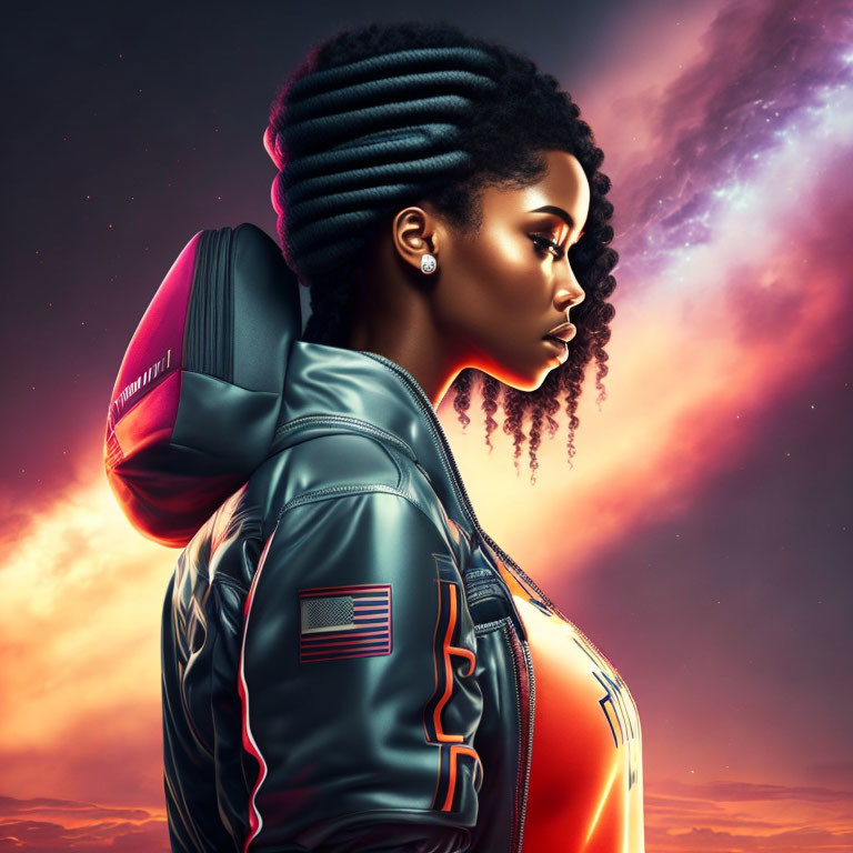 Detailed illustration of woman with intricate braids in futuristic jacket against cosmic sky.