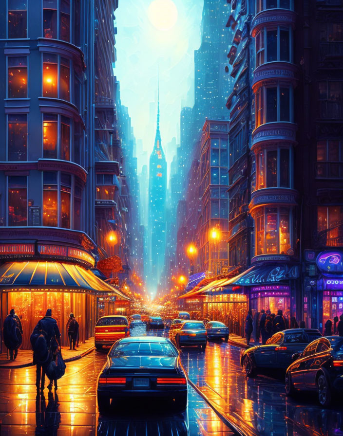 Bustling city night scene with neon signs, pedestrians, cars, and tall spire silhouette