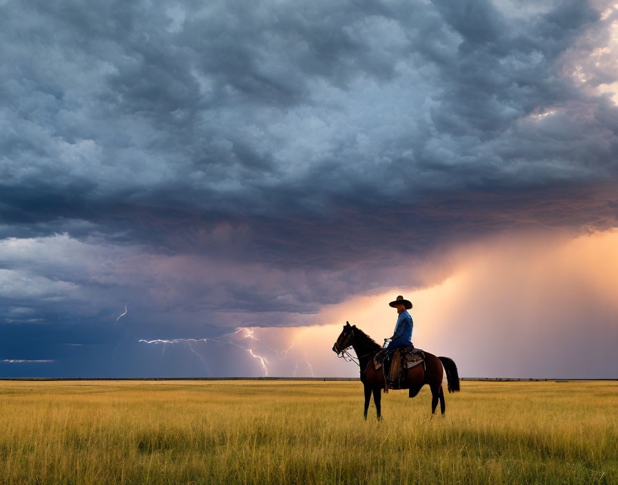 Cowboy on horseback under stormy sky with lightning strikes