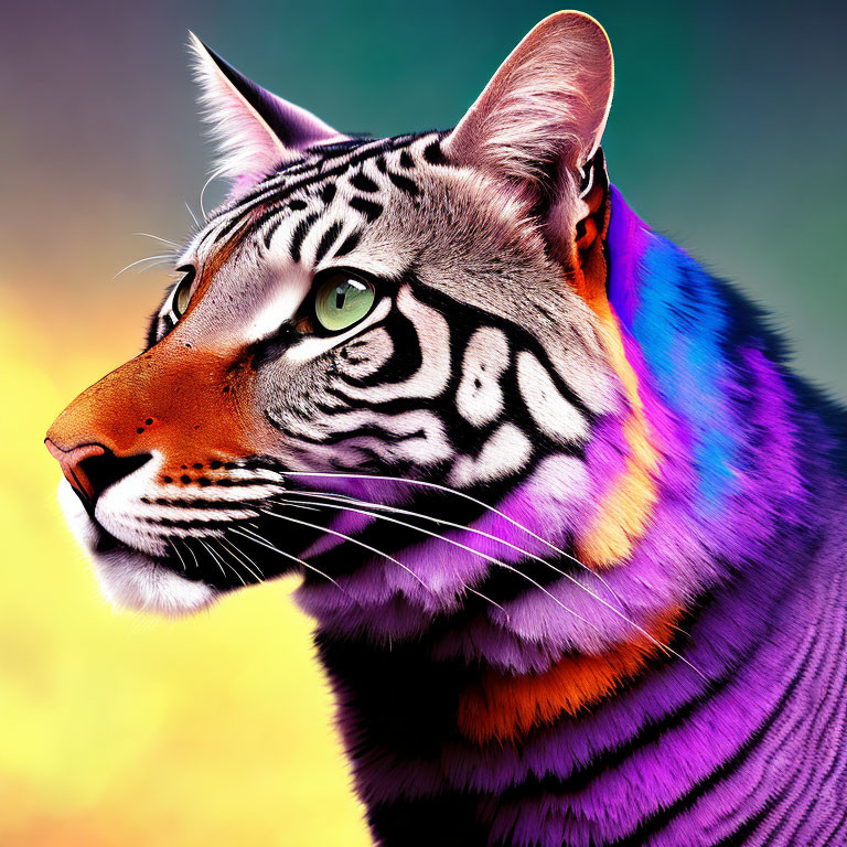 Colorful Tiger Portrait with Multicolored Fur and Blurred Background