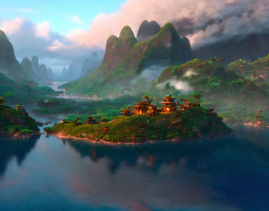 Scenic village among misty hills and calm waters at sunrise or sunset