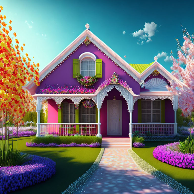 Purple House with Yellow Roof and Floral Decorations in Lush Garden