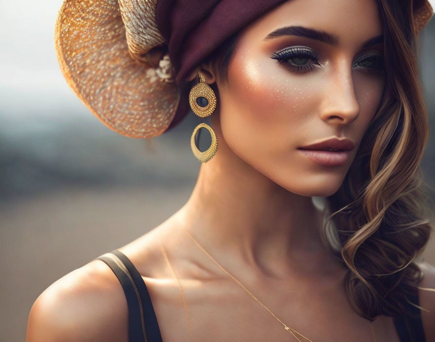 Stylish woman with glamorous makeup, large earrings, and hat portrait.