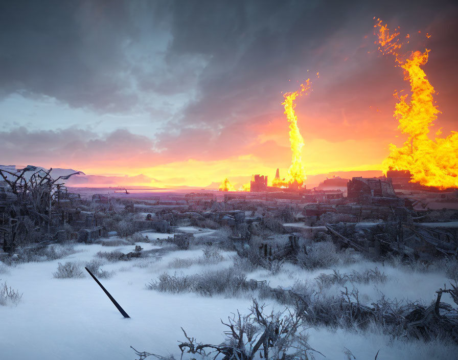 Snow-covered wintry landscape with charred trees and fiery pillars at twilight