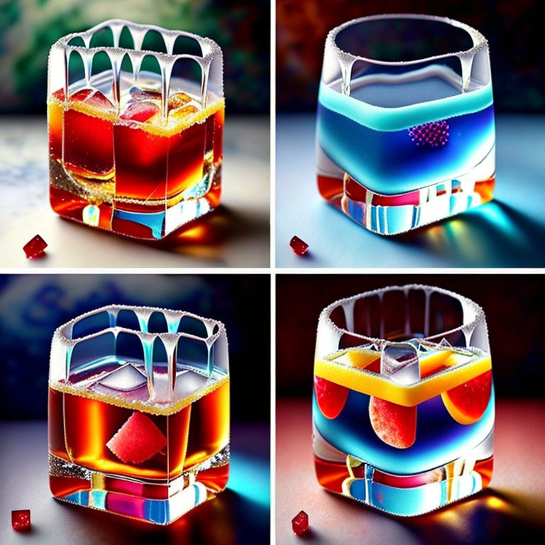 Vibrant geometric glassware with colorful beverages and red cubes