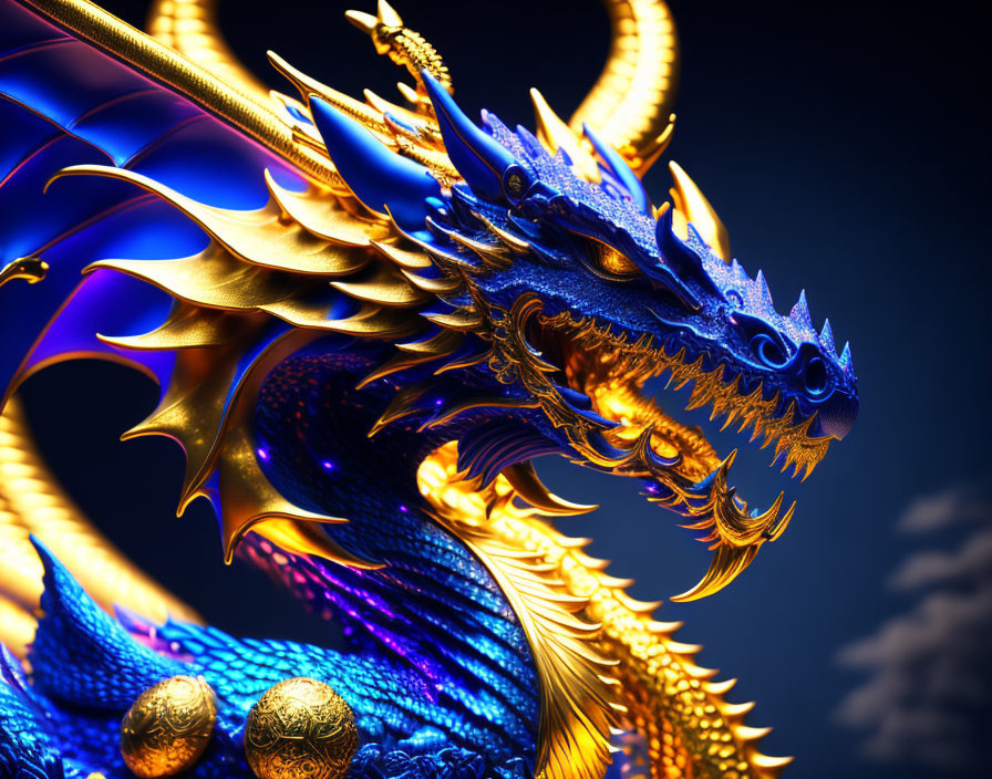 Vivid Blue and Gold Dragon Artwork on Dark Blue Background