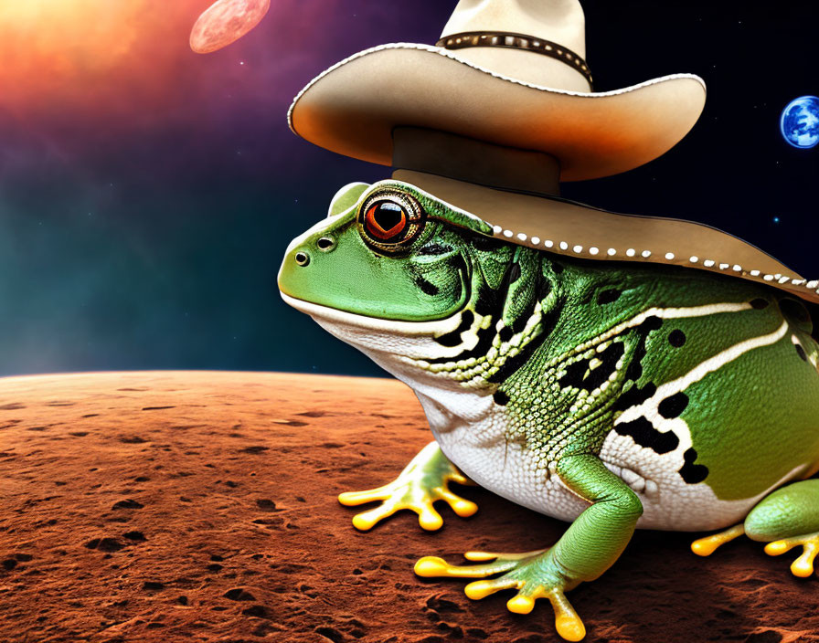 Frog wearing cowboy hat on Martian landscape with moons and planets