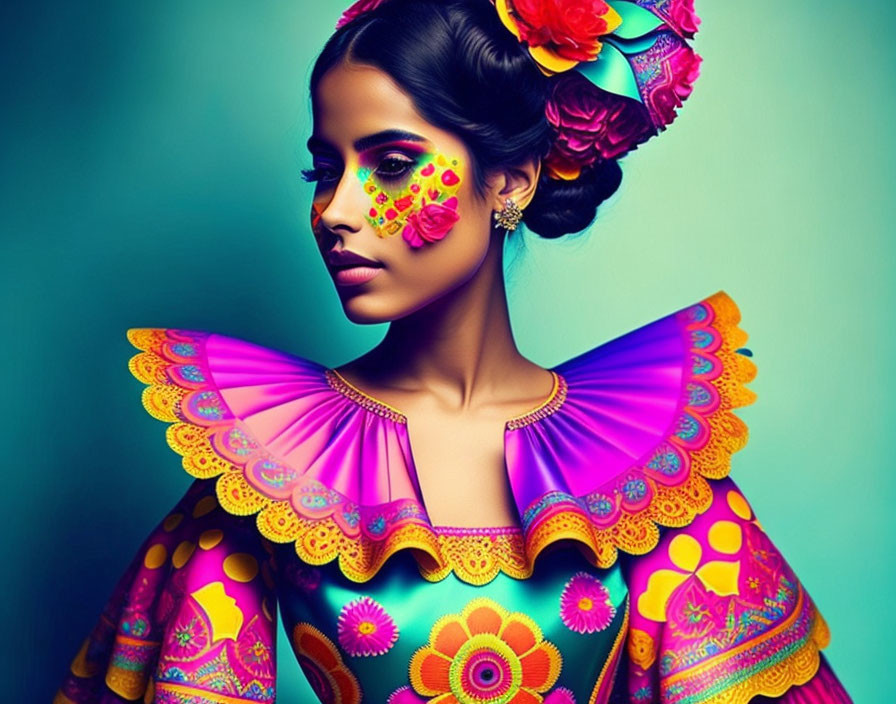 Vibrant traditional Mexican attire with Catrina-inspired face paint for Dia de los Muertos