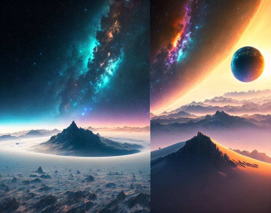 Colorful cosmic landscape with starry sky, nebulae, desert, mountains, and planets.