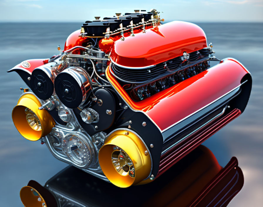 Detailed 3D rendering of red and chrome V8 engine on reflective water surface