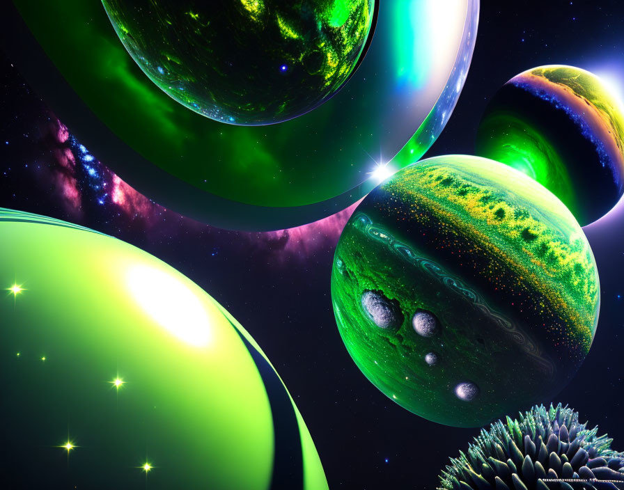 Colorful Imaginary Planets in Starry Space with Nebula and Lens Flare