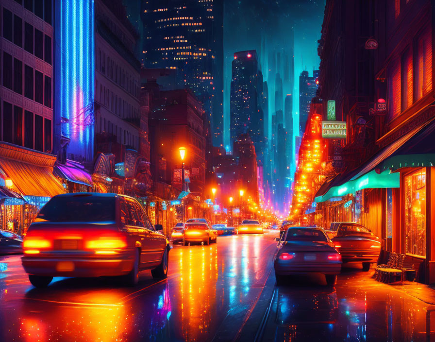 Night city street with neon lights, wet pavement, moving cars, and illuminated buildings.