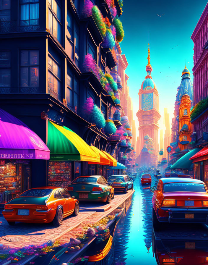 Colorful City Street with Neon-lit Architecture and Retro-futuristic Cars