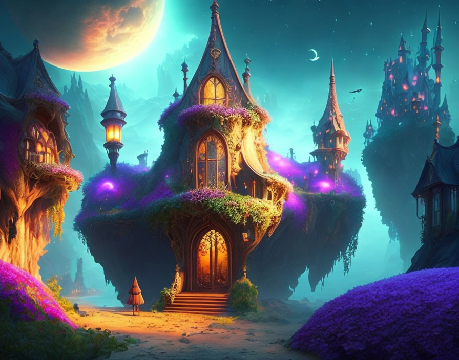 Vibrant whimsical landscape with glowing treehouse and floating castles