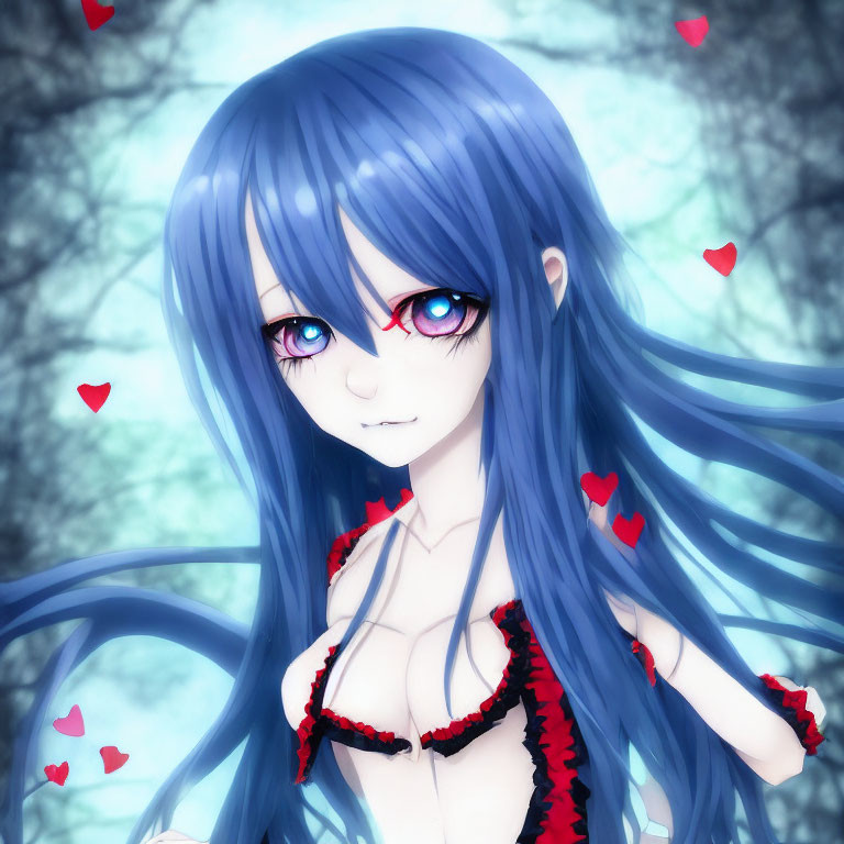 Anime-style character with long blue hair and purple eyes in a heart-filled scene against a tree backdrop.