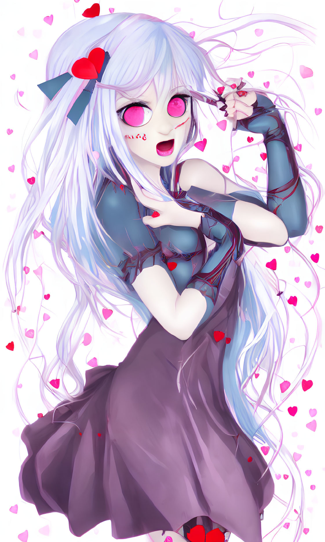 Anime girl with long blue hair, heart-shaped pink glasses, surrounded by floating hearts