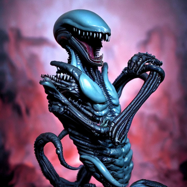 Detailed Alien Xenomorph Figure with Elongated Head and Exoskeleton on Red Background