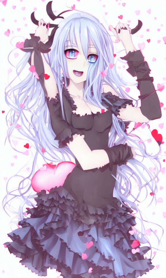 Character with Long Blue Hair in Frilly Black Dress on Pink Background